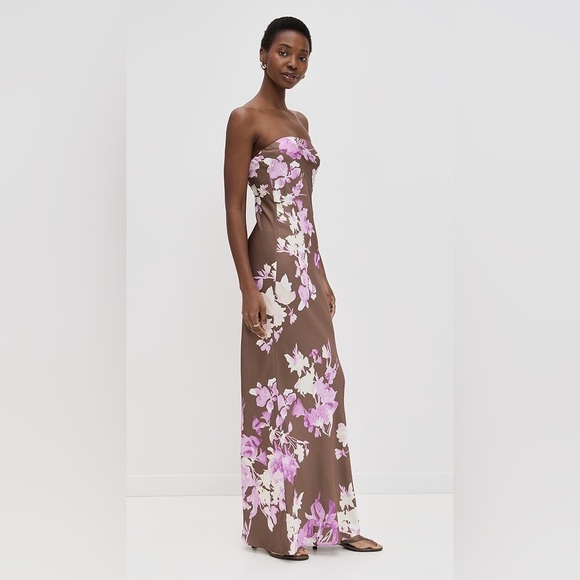 NWT Rococo Sand Stunning Satin Floral Strapless Maxi Dress Brown Pink FLAW Sz XS - Picture 11 of 16